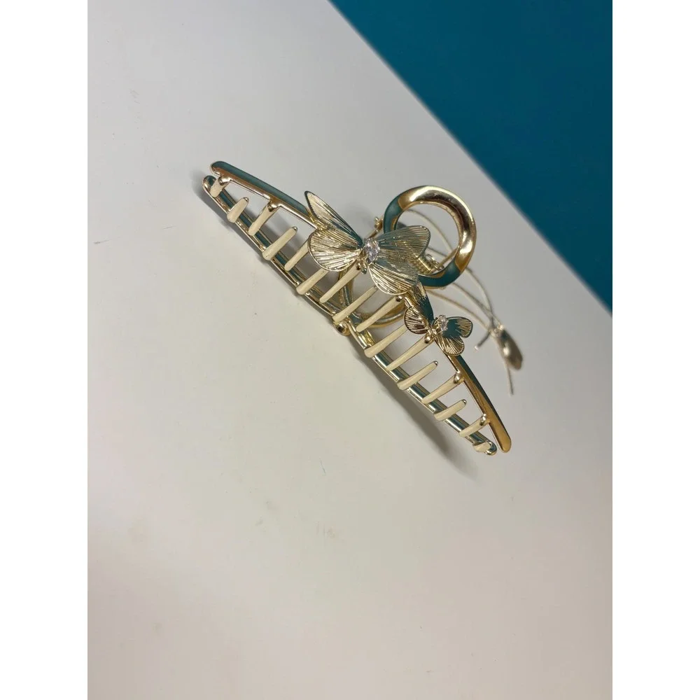 Gold Butterfly Hair Claw Clip Teal Enamel Rhinestone Dangle Tassel